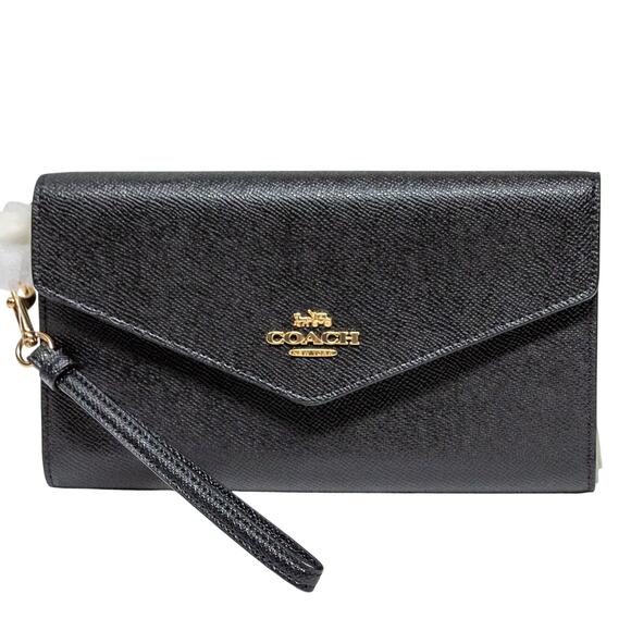 Large Roomy COACH Black Crossgrain Leather Travel Envelope Wristlet Wallet NWT - Picture 1 of 4